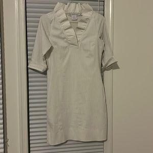 Gretchen Scott ruffle neck pinstripe dress